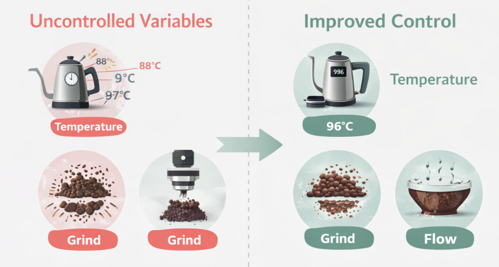 visual comparison of uncontrolled versus controlled coffee brewing variables