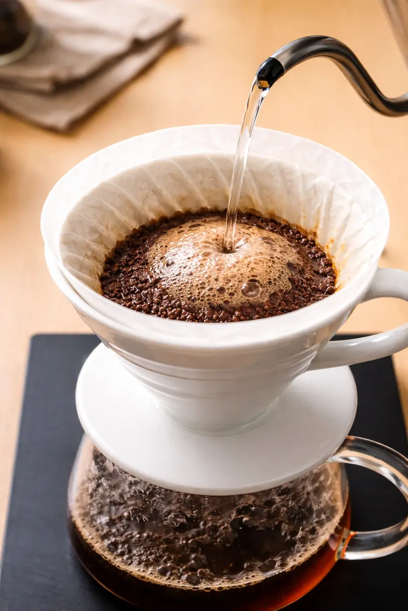 Conical pour-over coffee dripper during brewing, showing a deep coffee bed and vertical water flow toward a single exit point