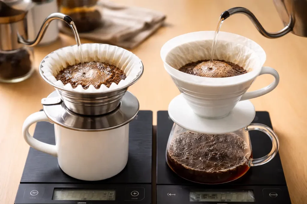 Flat-bottom and conical pour-over coffee drippers brewing side by side, showing differences in coffee bed shape and water flow during extraction