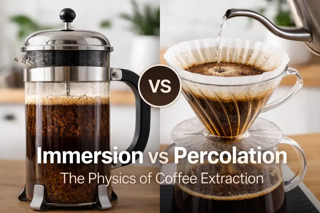 French press immersion brewing next to V60 pour-over percolation, showing contrast between static and flow-through coffee extraction methods