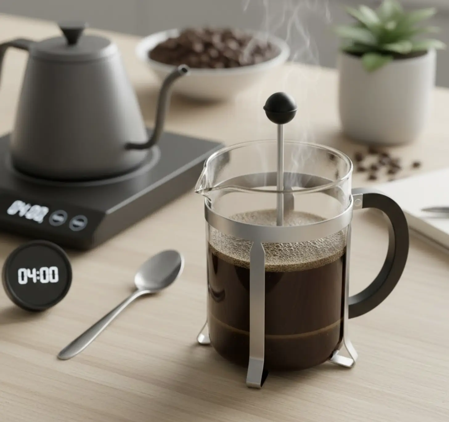 A professional immersion brewing setup with a French Press, a digital timer set to 04:00, and a gooseneck kettle on a minimalist wooden workspace.