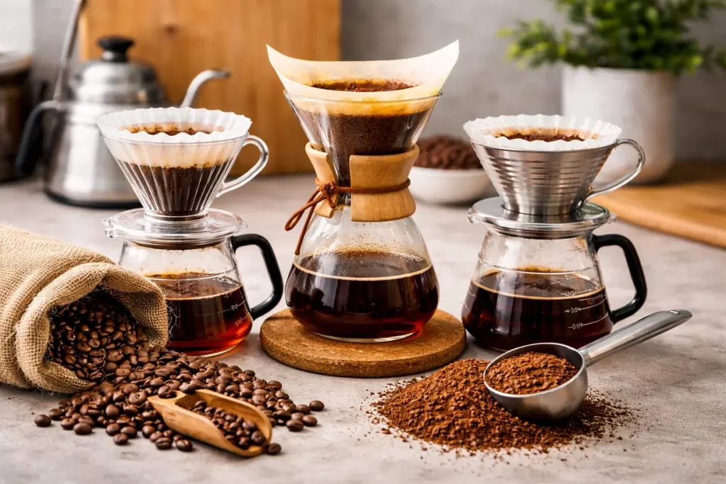Percolation brewing methods displayed side by side: V60, Chemex, and Kalita Wave with freshly brewed coffee, beans, and ground coffee on a countertop.