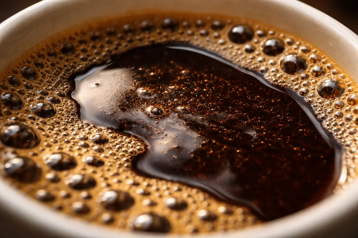 Close-up of brewed coffee surface showing reflective oils and viscosity indicating coffee body