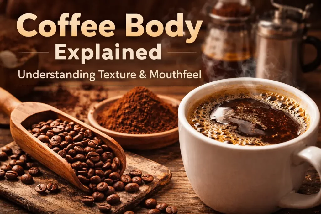 Close-up of a cup of black coffee showing rich surface oils and crema texture, with coffee beans and grounds beside it