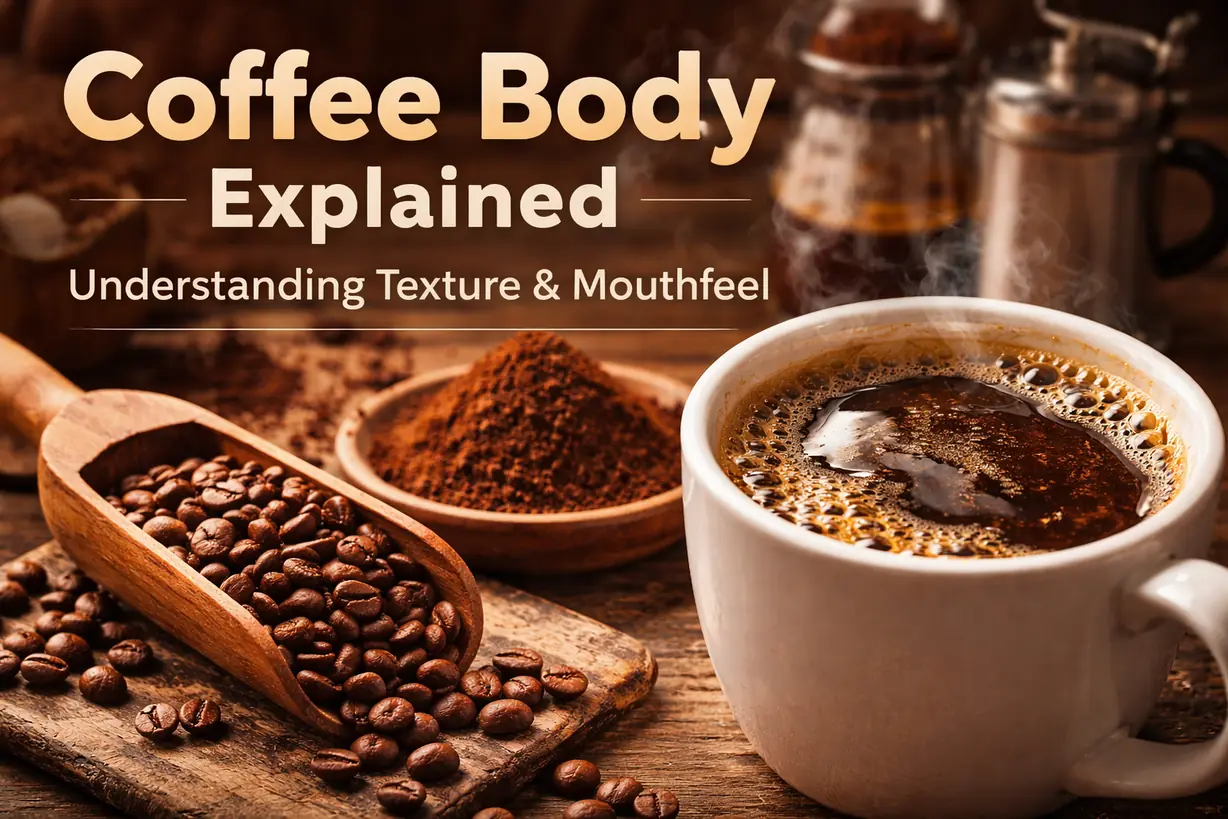 Close-up of a cup of black coffee showing rich surface oils and crema texture, with coffee beans and grounds beside it