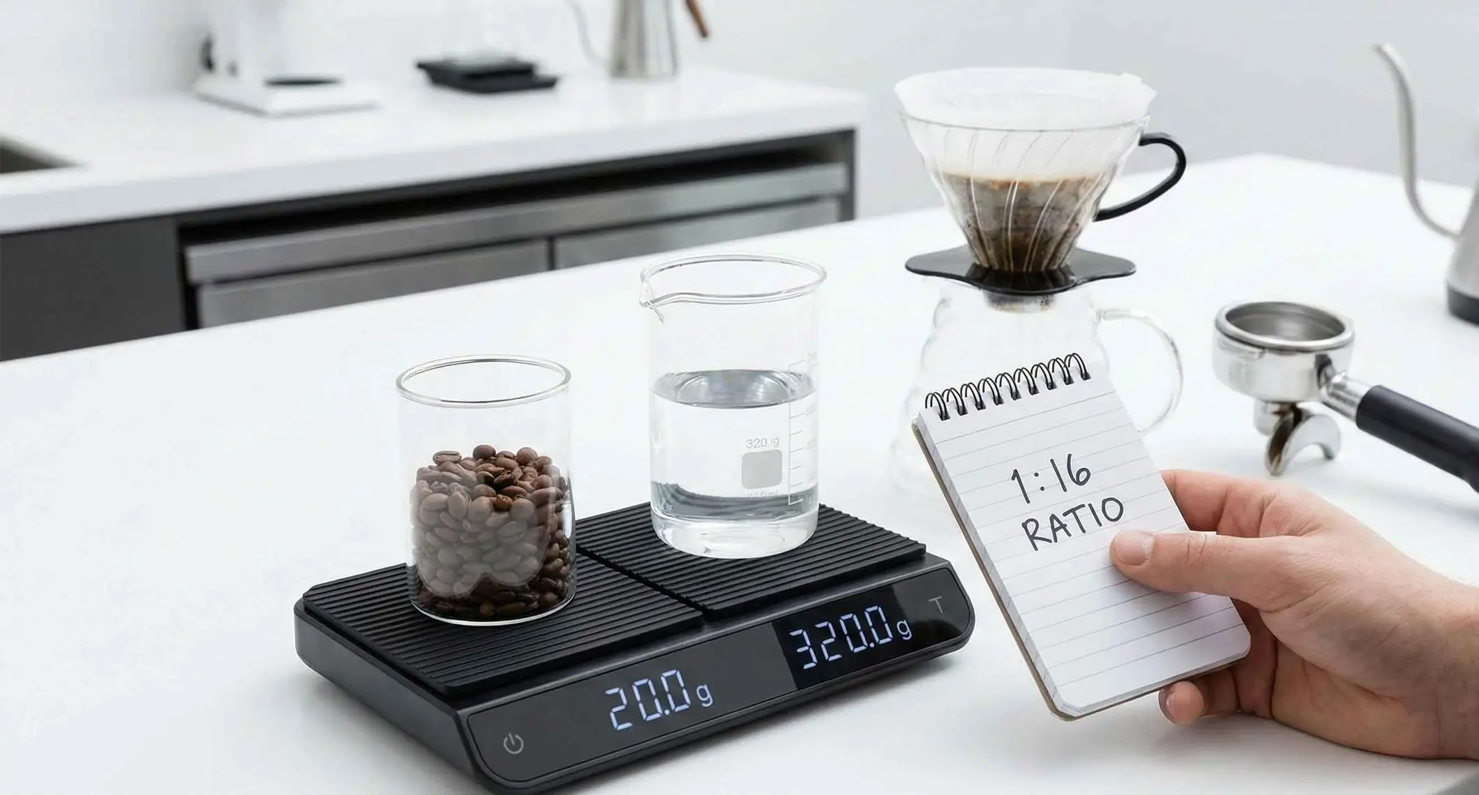 A digital scale measuring coffee beans and water side-by-side, with a notepad displaying a 1:16 coffee brew ratio for precision extraction.
