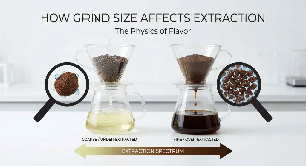 Side-by-side comparison illustrating how coffee grind size extraction impacts flavor, showing coarse grinds for under-extraction and fine grinds for over-extraction.