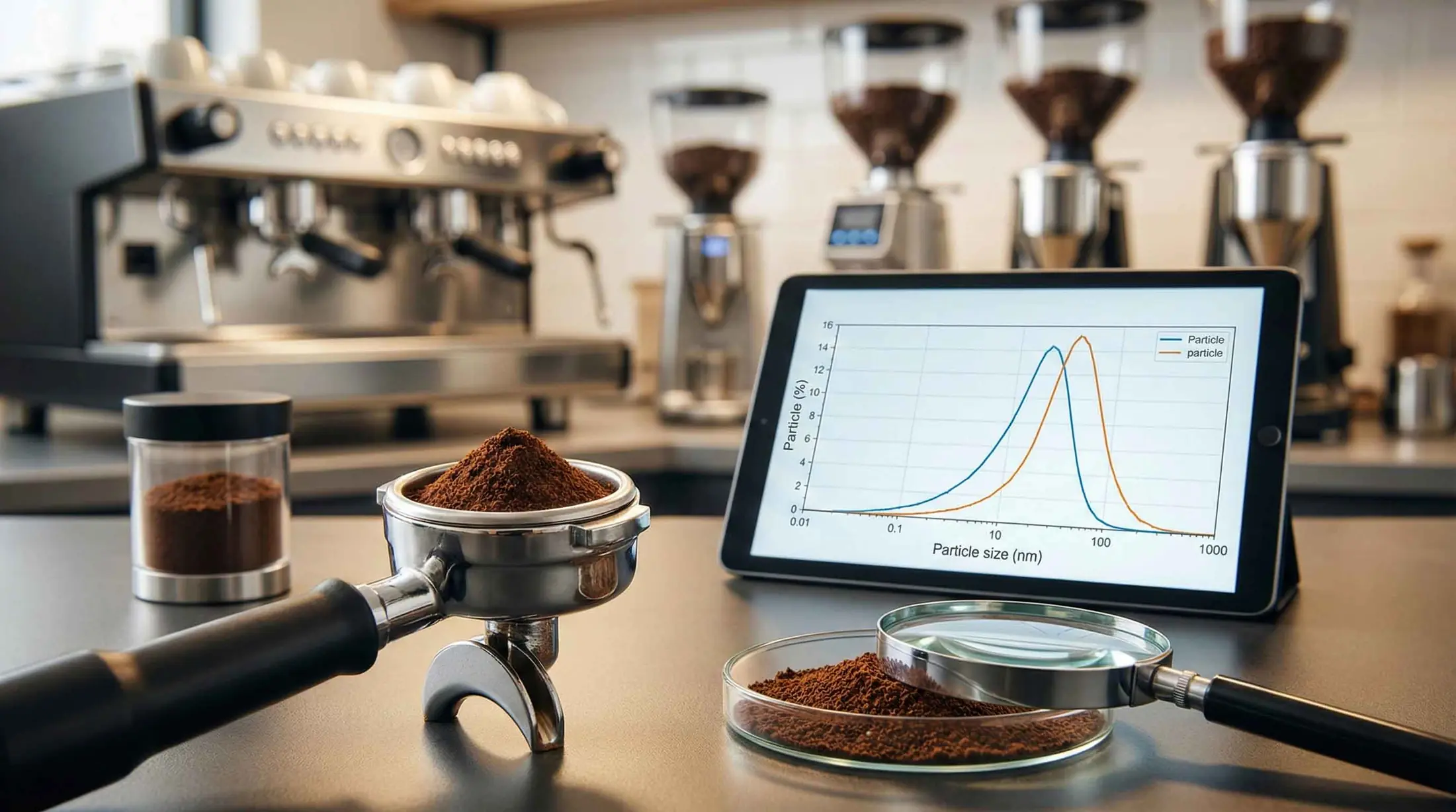 A line graph comparing the narrow particle size distribution curve of a commercial flat burr grinder against the wide, bimodal curve of a standard home burr grinder, highlighting fines and boulders zones.