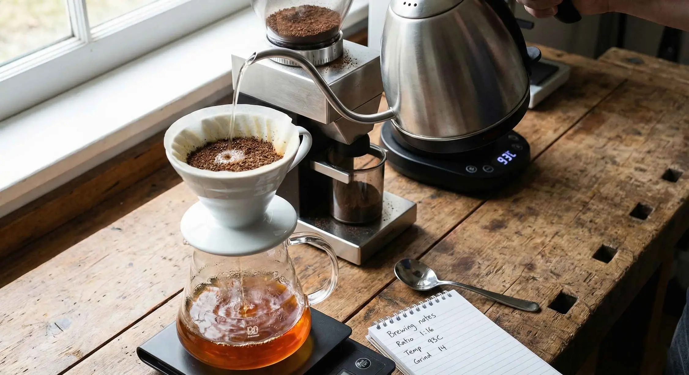 Pour-over coffee brewing setup with a scale and specific brewing notes, illustrating how to adjust extraction variables to fix sour coffee.