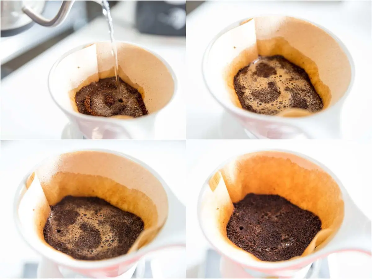 Pour over coffee during the bloom stage with visible expansion of grounds