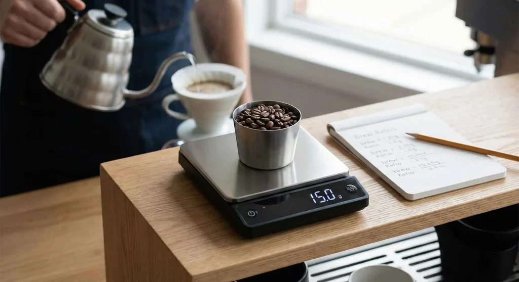 A high-precision digital coffee scale displaying exactly 15.0g of coffee beans, with a notebook detailing brew ratios and a barista pouring water for filter coffee in the background.