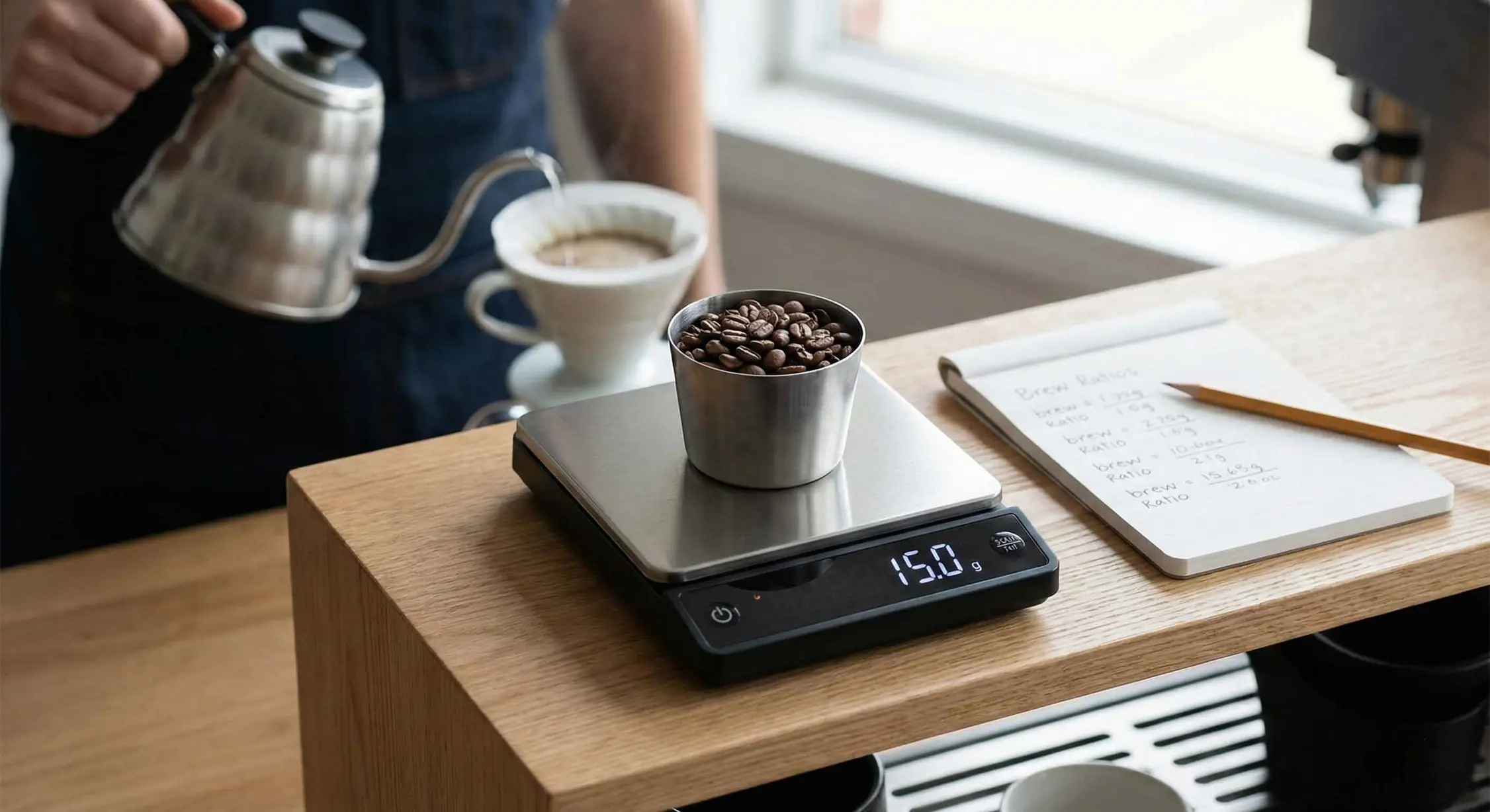 A high-precision digital coffee scale displaying exactly 15.0g of coffee beans, with a notebook detailing brew ratios and a barista pouring water for filter coffee in the background.