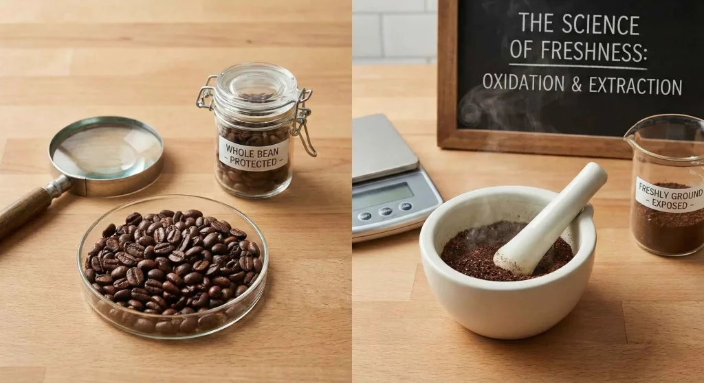 A side-by-side comparison of whole coffee beans preserved in a sealed jar versus freshly ground coffee exposed to air, illustrating the science of oxidation and volatile loss.