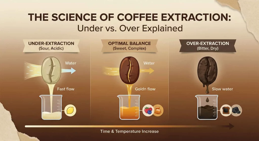 An educational diagram explaining under vs over extraction in coffee brewing, comparing sour, sweet, and bitter flavor profiles based on time and water flow.