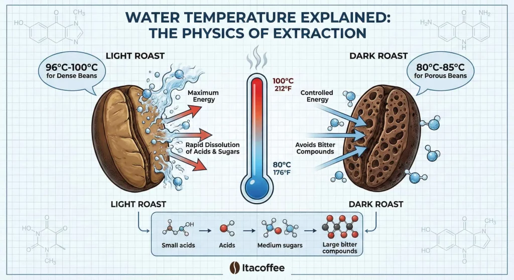 Featured illustration showing the physics of coffee water temperature: comparing high thermal energy (96°C-100°C) for light roasts vs controlled lower temperatures (80°C-85°C) for dark roasts.