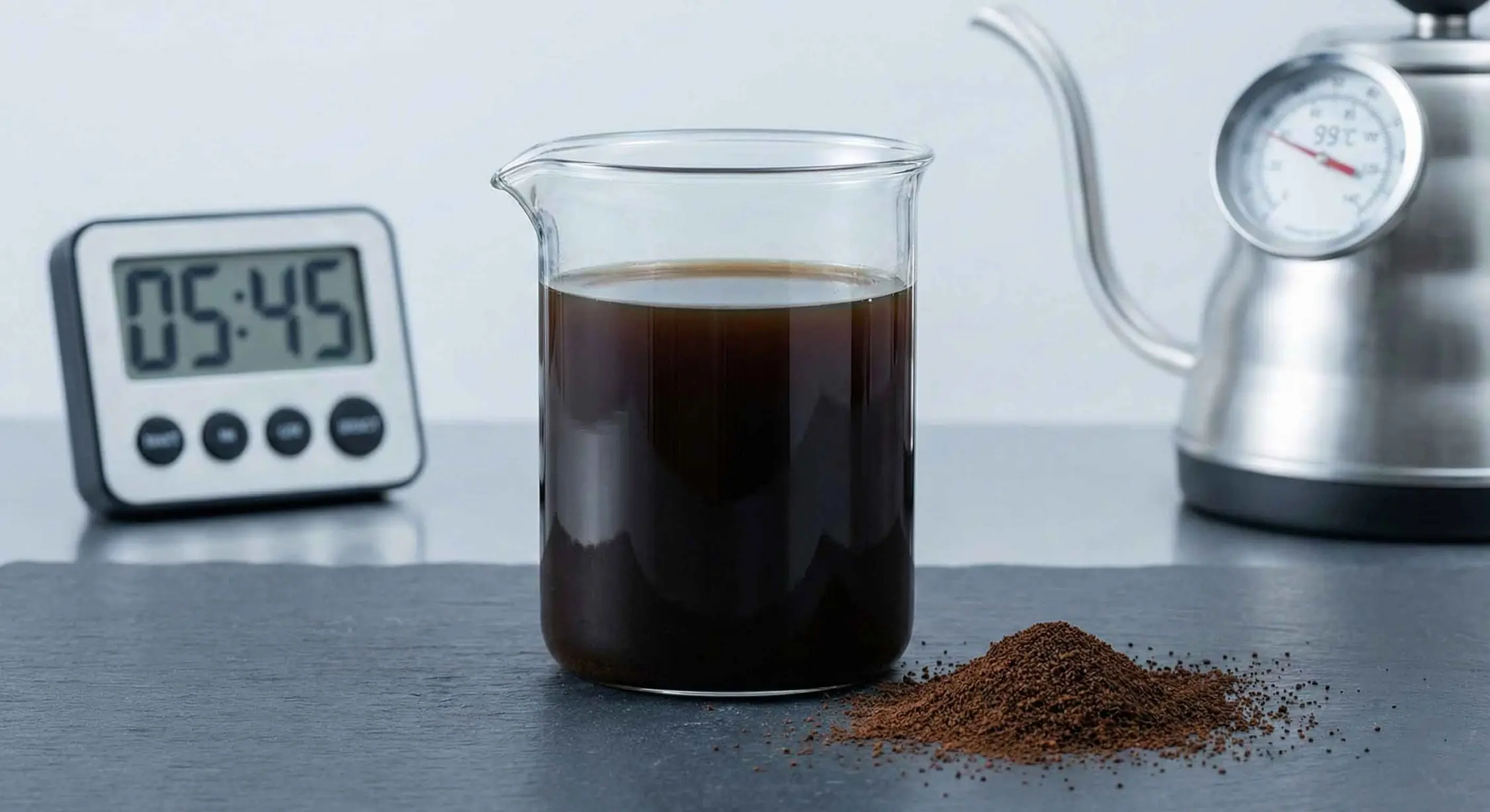 A technical coffee brewing setup illustrating over-extraction variables, including a beaker of dark coffee, a timer at 5:45, and a kettle thermometer showing 99 degrees Celsius.