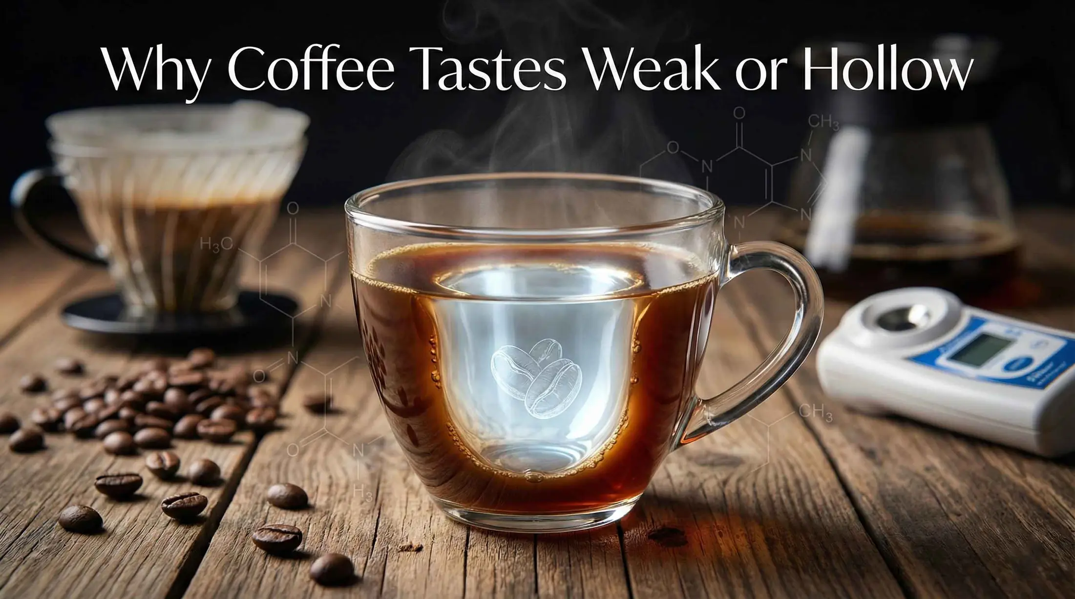 Conceptual photograph showing a glass cup of coffee with a glowing, empty void in the center illustrating "hollow" flavor. The title text "Why Coffee Tastes Weak or Hollow" is at the top. Brewing equipment, coffee beans, and chemical structures are in the background.