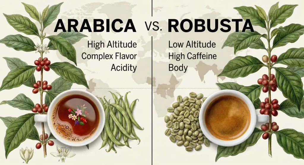 Side-by-side botanical and cup comparison of Arabica and Robusta coffee, illustrating differences in growing altitude, bean shape, acidity, body, and crema formation.