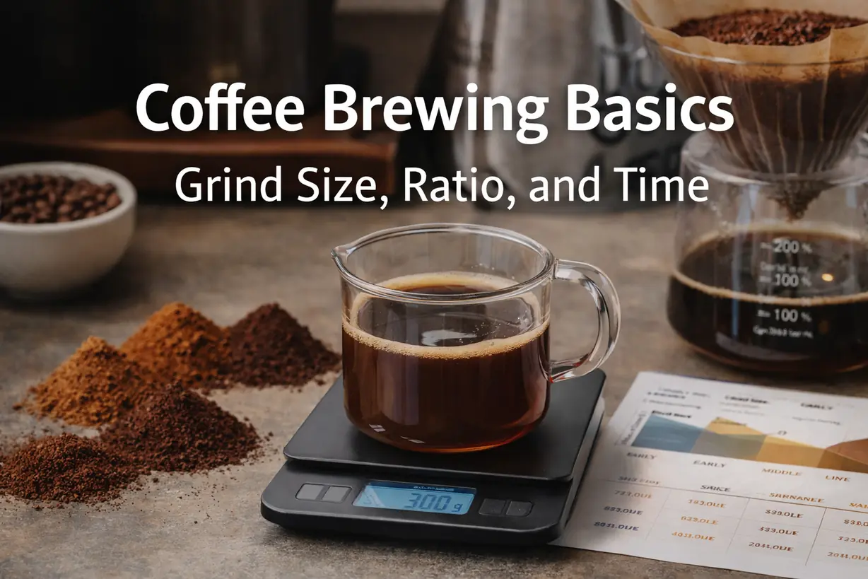 coffee brewing basics grind size ratio and time concept