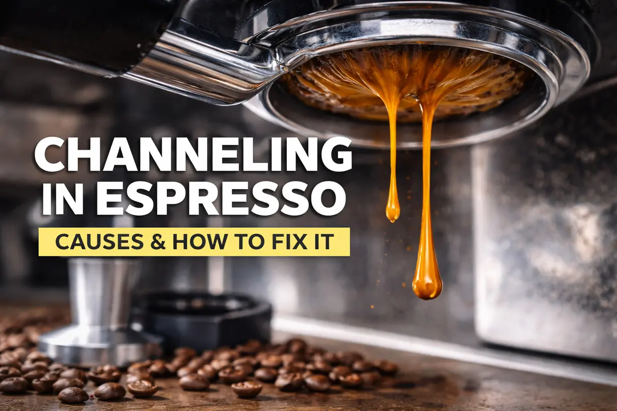Bottomless portafilter showing espresso extraction used to illustrate coffee channeling during brewing