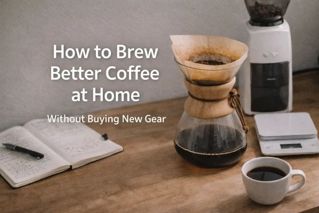 minimal coffee brewing setup with grinder dripper scale and notebook showing workflow control without unnecessary coffee gear