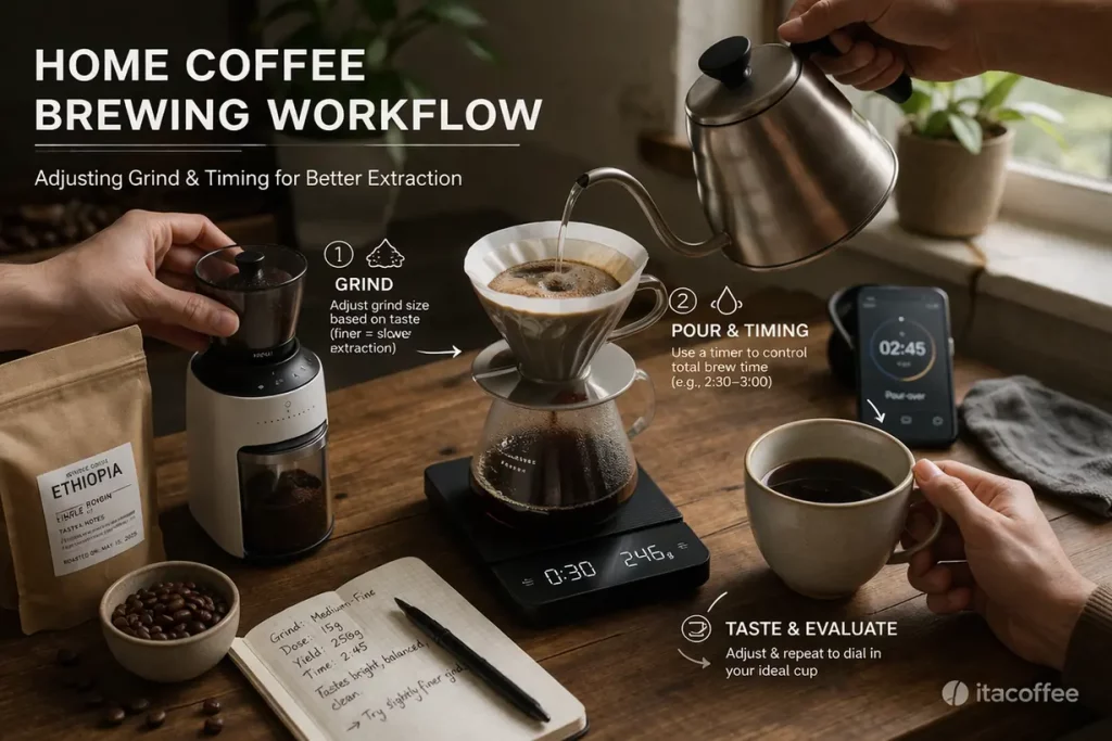Entry-level coffee gear setup showing grinder, pour over dripper, scale, and kettle in a home brewing workflow
