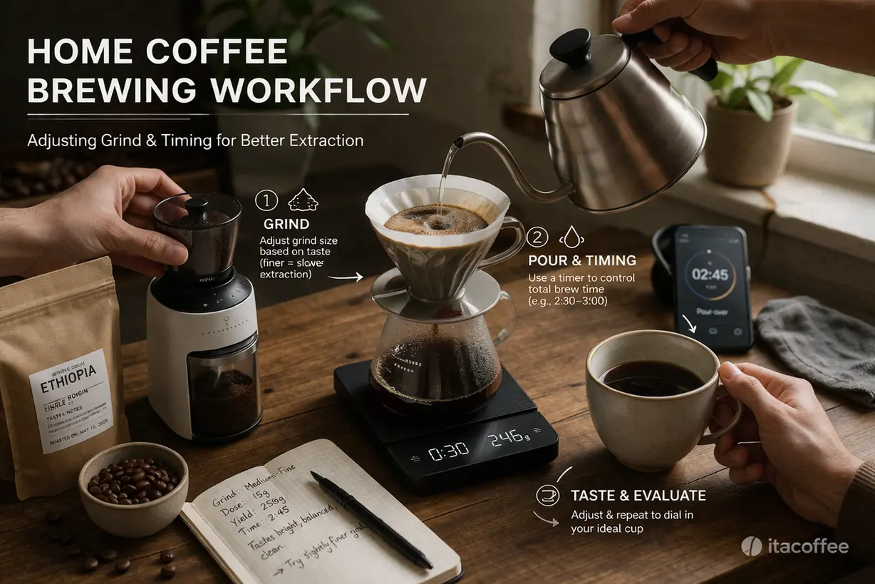 Entry-level coffee gear setup showing grinder, pour over dripper, scale, and kettle in a home brewing workflow