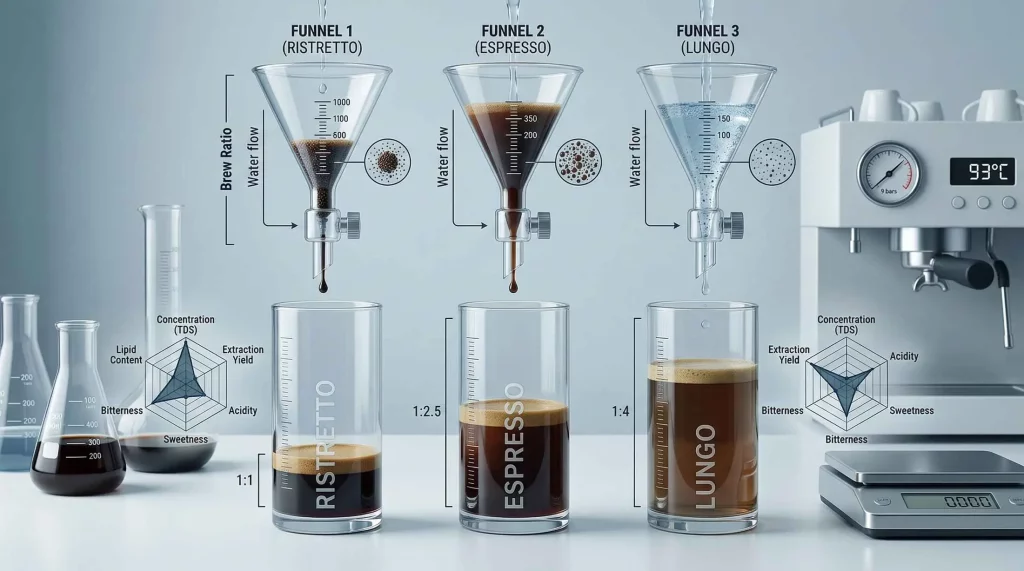 Scientific infographic comparing ristretto, espresso, and lungo brew ratios, displaying water volume funnels, liquid yield, and flavor profile radar charts for concentration and extraction.