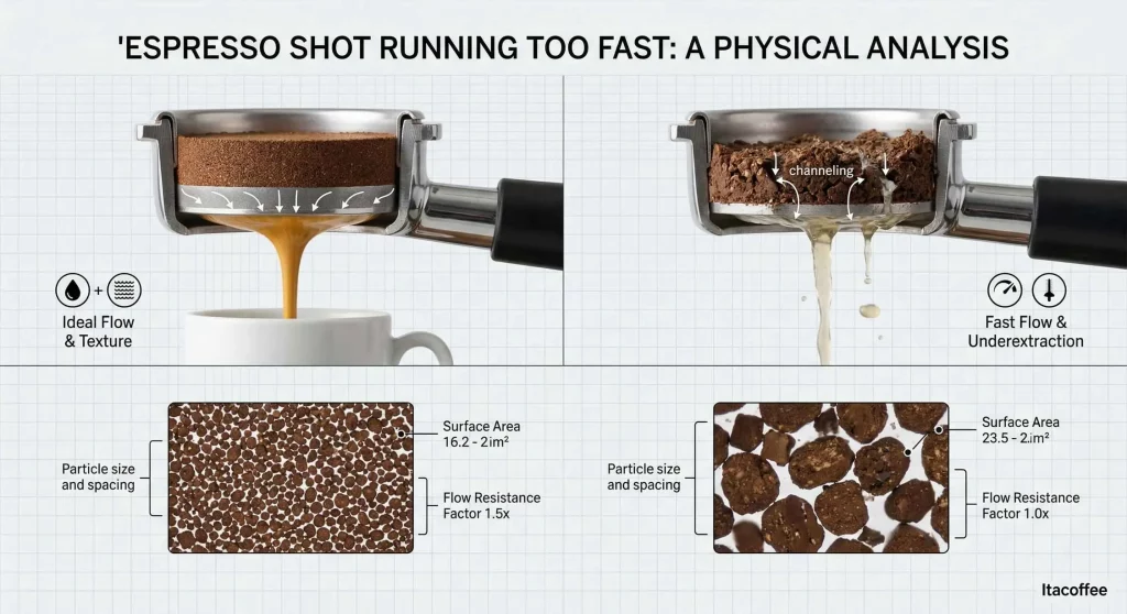 A comparative diagram illustrating the physical causes of an espresso shot running too fast, showing the difference in flow dynamics and particle resistance between an optimal extraction and a fast, channeling shot.