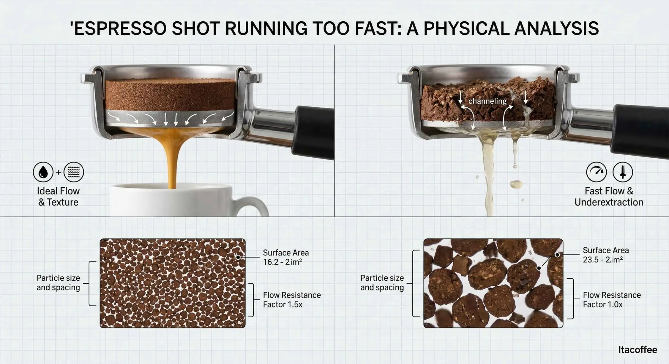 A comparative diagram illustrating the physical causes of an espresso shot running too fast, showing the difference in flow dynamics and particle resistance between an optimal extraction and a fast, channeling shot.