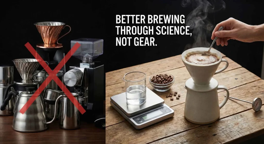 A visual comparison rejecting expensive coffee equipment in favor of a simple, science-based brewing setup utilizing a scale, thermometer, and bloom agitation.