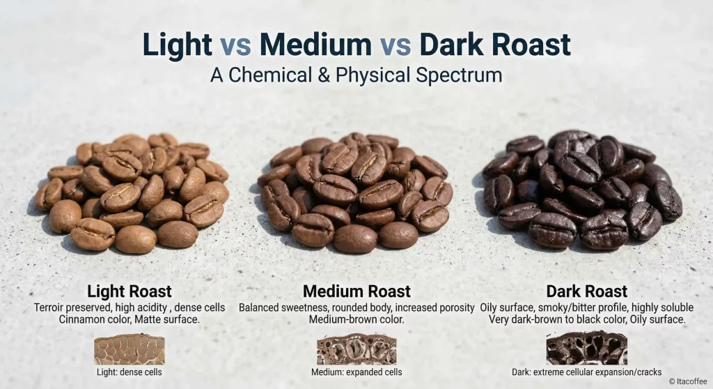 Infographic comparing light, medium, and dark roast coffee beans, illustrating the physical progression of color, surface lipid oils, and internal cellular expansion from dense to highly porous.