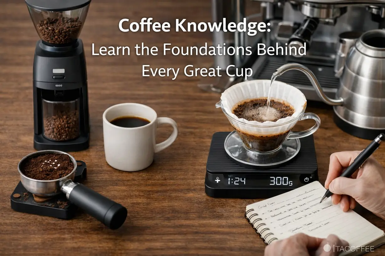 Minimal coffee gear setup showing grinder pour over scale and brewing workflow with extraction control variables