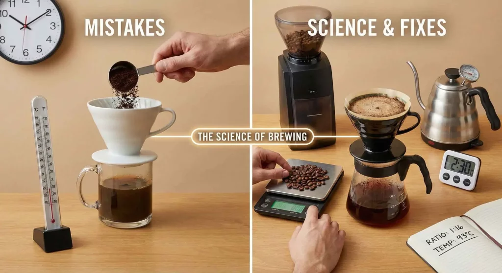 A side-by-side comparison showing common home brewing mistakes like volumetric measuring versus scientific coffee brewing using a digital scale and burr grinder.