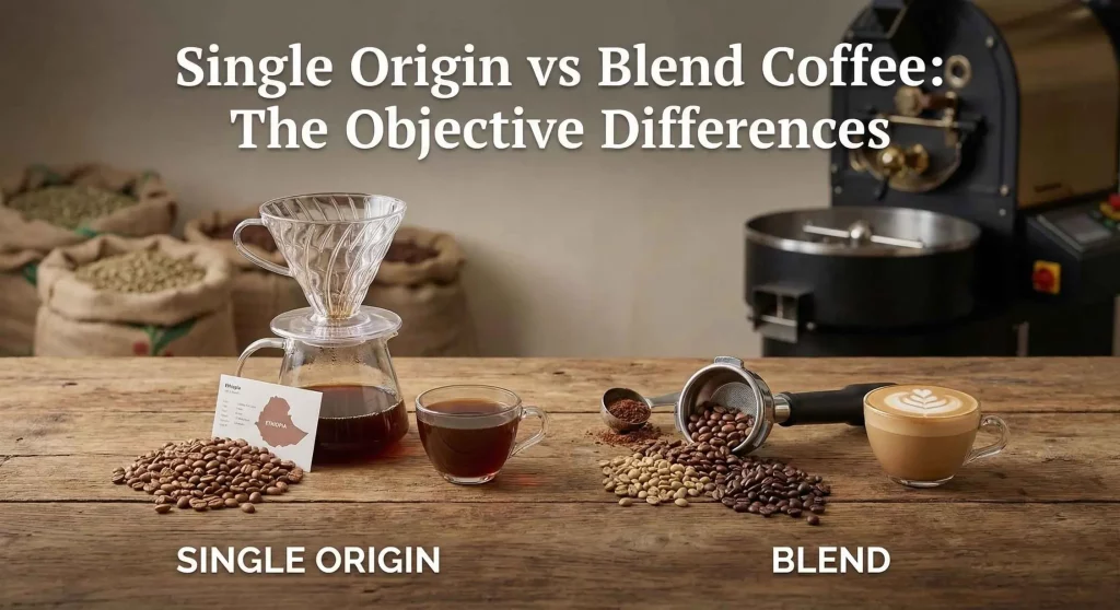 Visual comparison of single origin vs blend coffee, featuring a V60 pour-over setup with uniform beans on the left, and an espresso machine setup with mixed beans on the right.