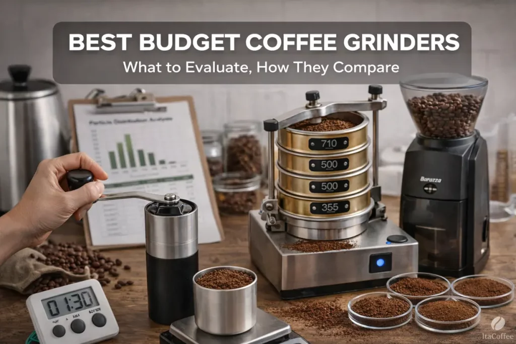 Best Budget Coffee Grinders evaluation showing grind consistency testing, sieve analysis, and manual vs electric workflow comparison