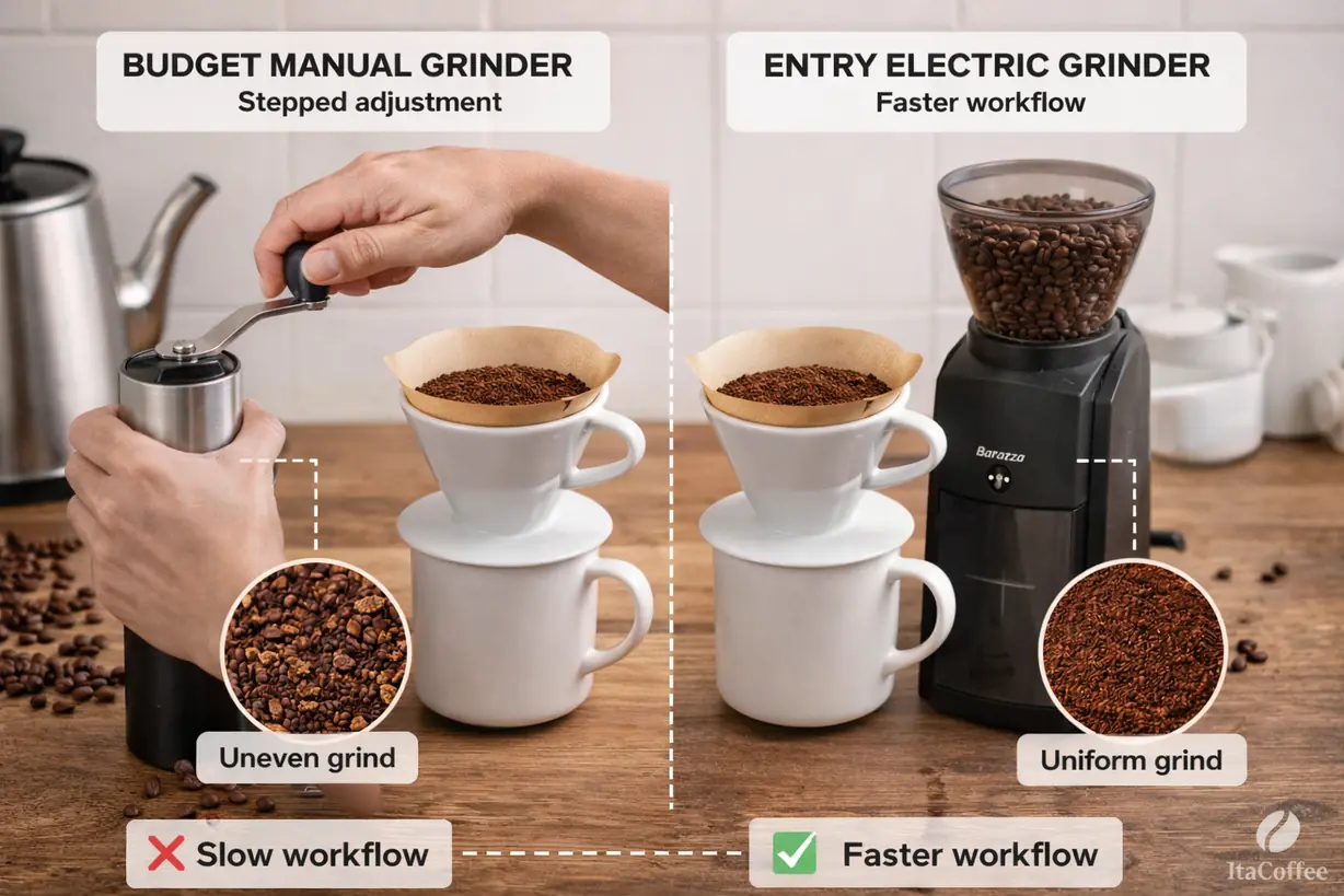 Best Budget Coffee Grinders vs entry electric grinders workflow and consistency comparison