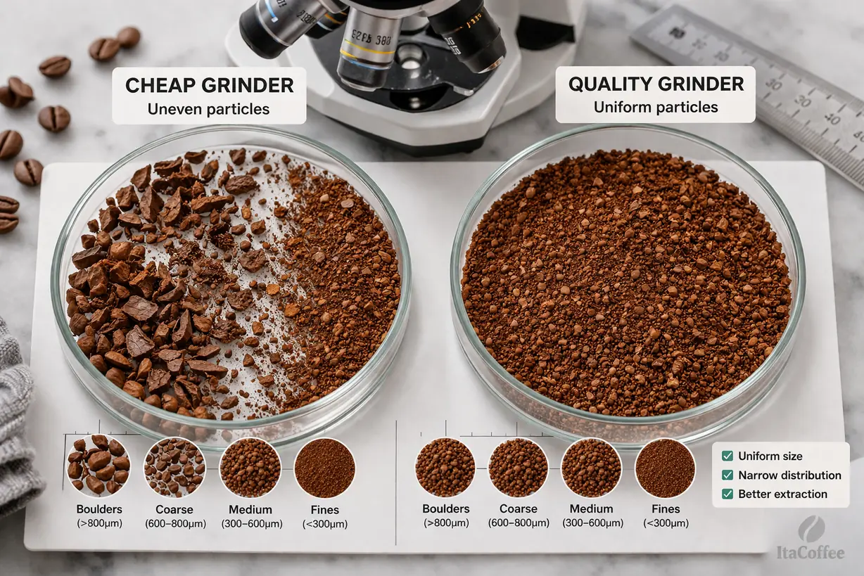 Best Budget Coffee Grinders particle distribution comparison cheap vs consistent grinding