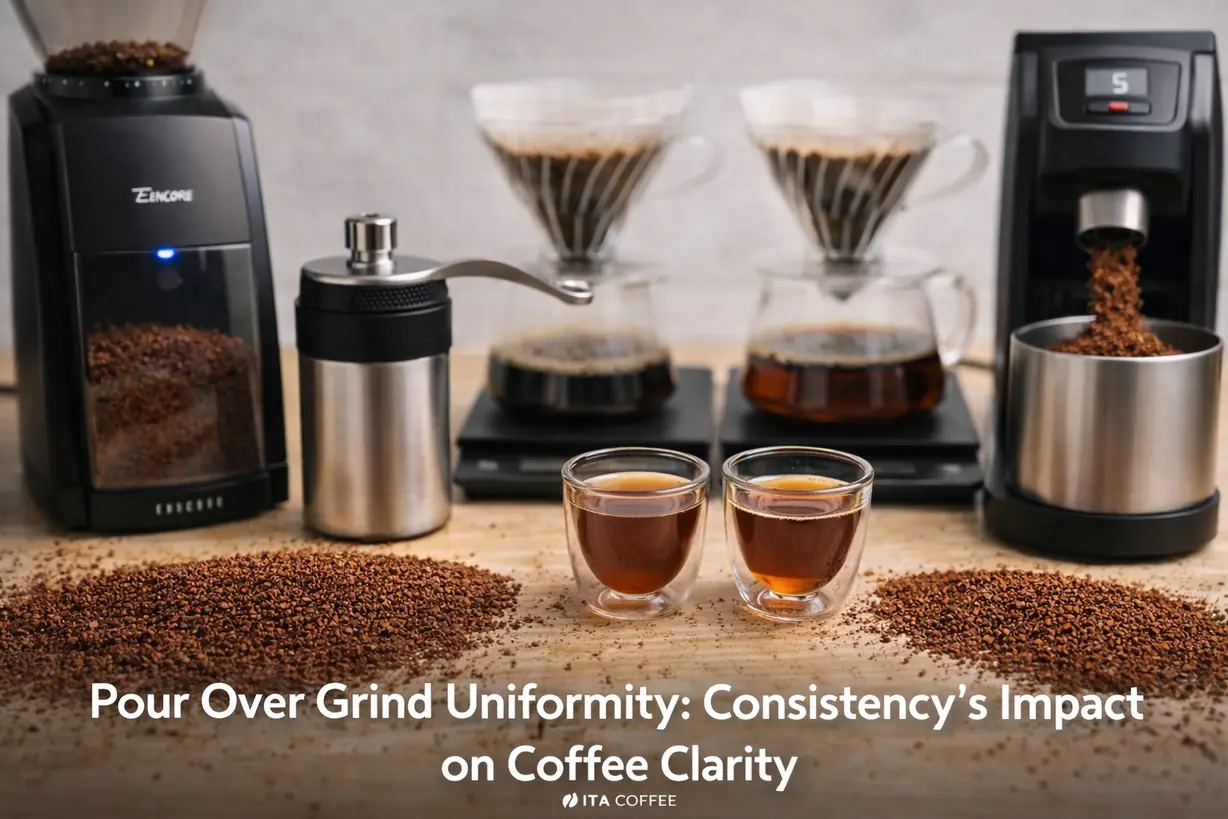 pour over coffee setup with multiple grinders and grind particle comparison showing consistency and extraction control
