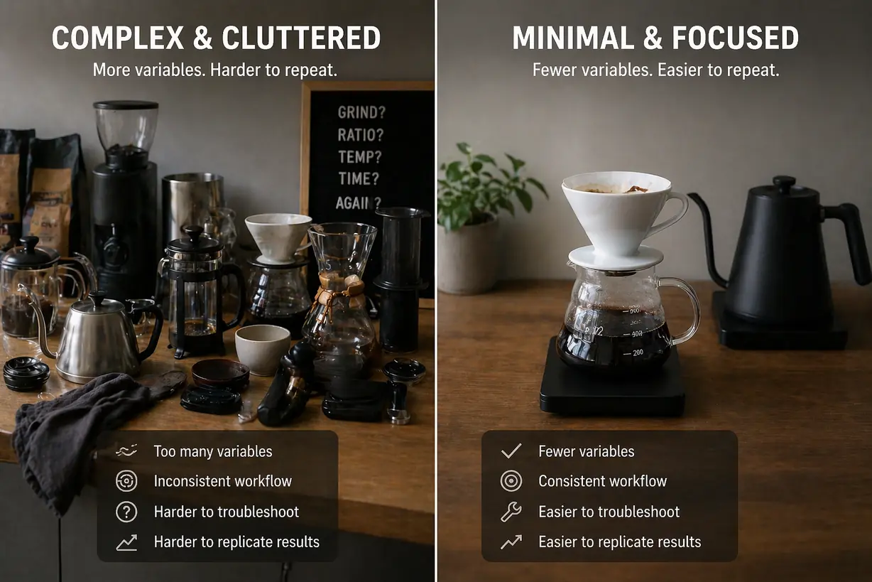 complex versus minimal coffee setup showing impact on repeatability
