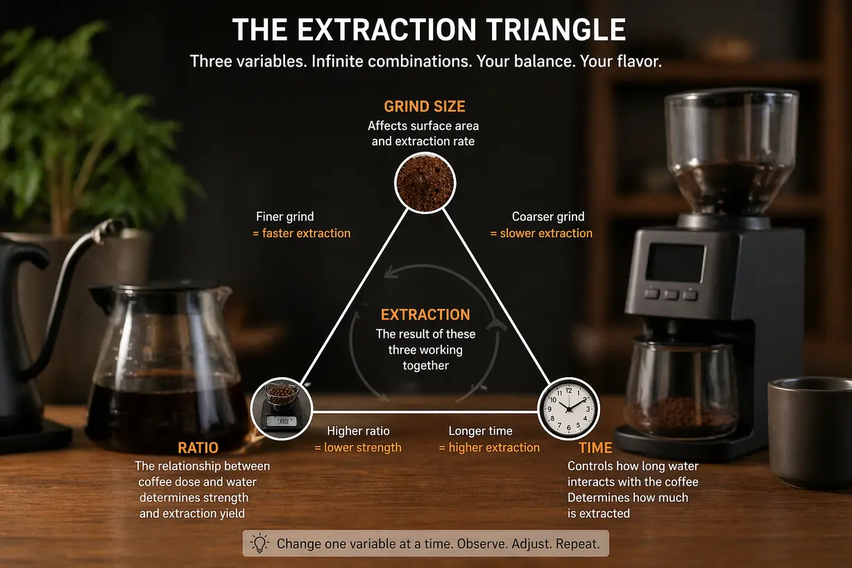 relationship between grind size brew ratio and extraction time in coffee brewing