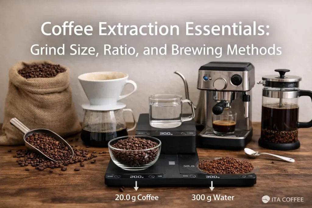 Coffee brewing setup showing grinder, pour over dripper, espresso machine, French press, scale, and beans illustrating extraction variables and gear relationships