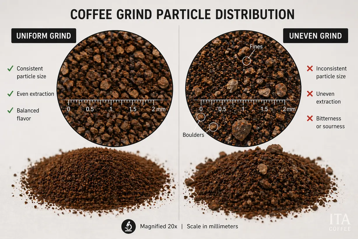 uniform versus uneven coffee grind particle size distribution affecting extraction