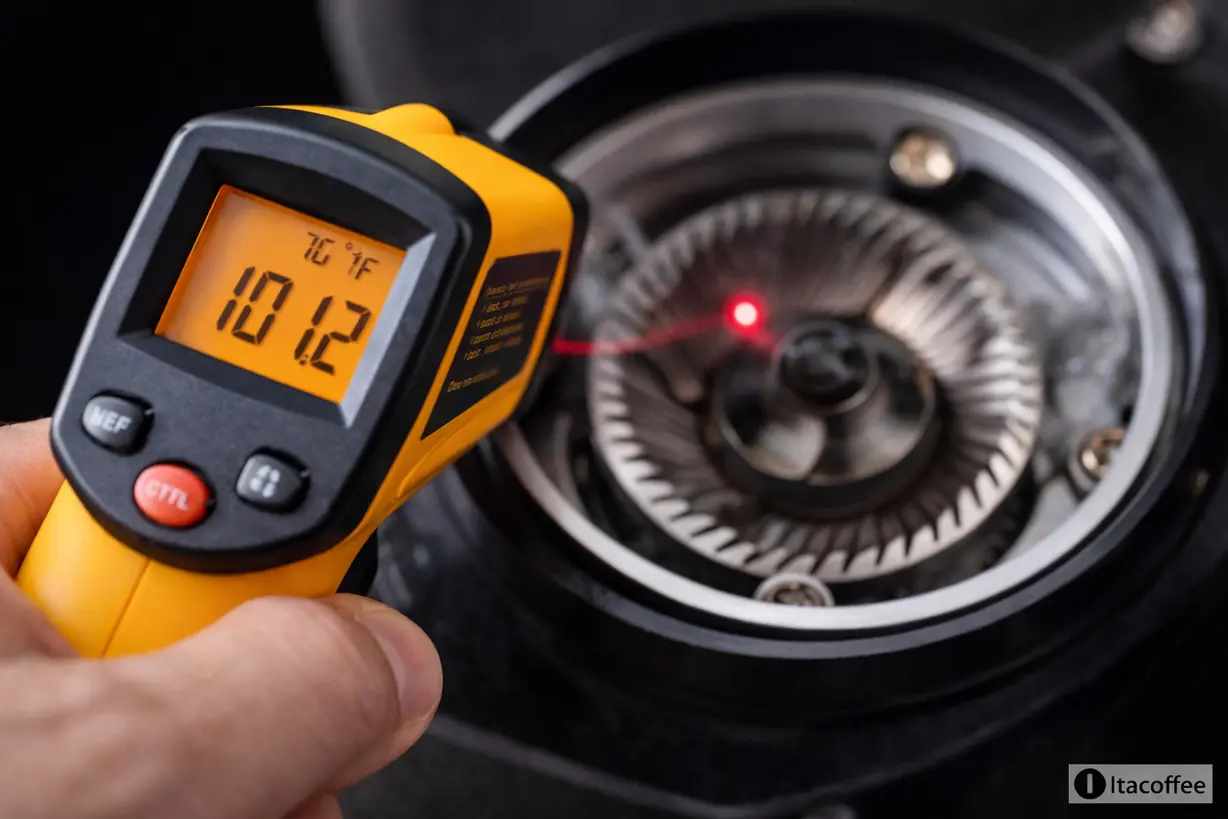 coffee grinder burr temperature measurement showing heat impact during grinding