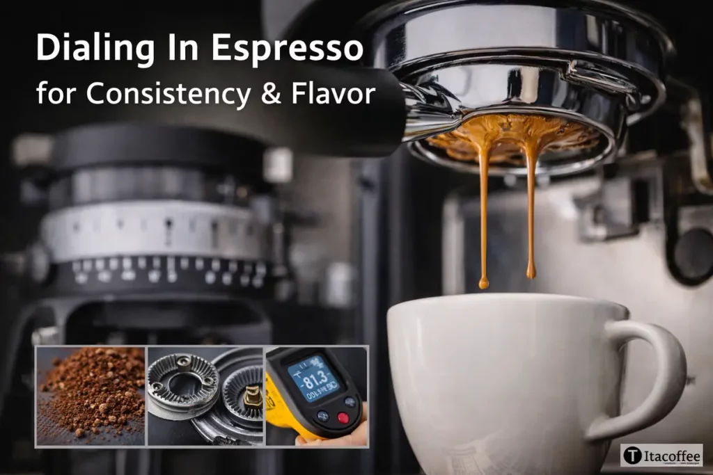 coffee grinder testing process showing grind consistency extraction workflow and espresso brewing control