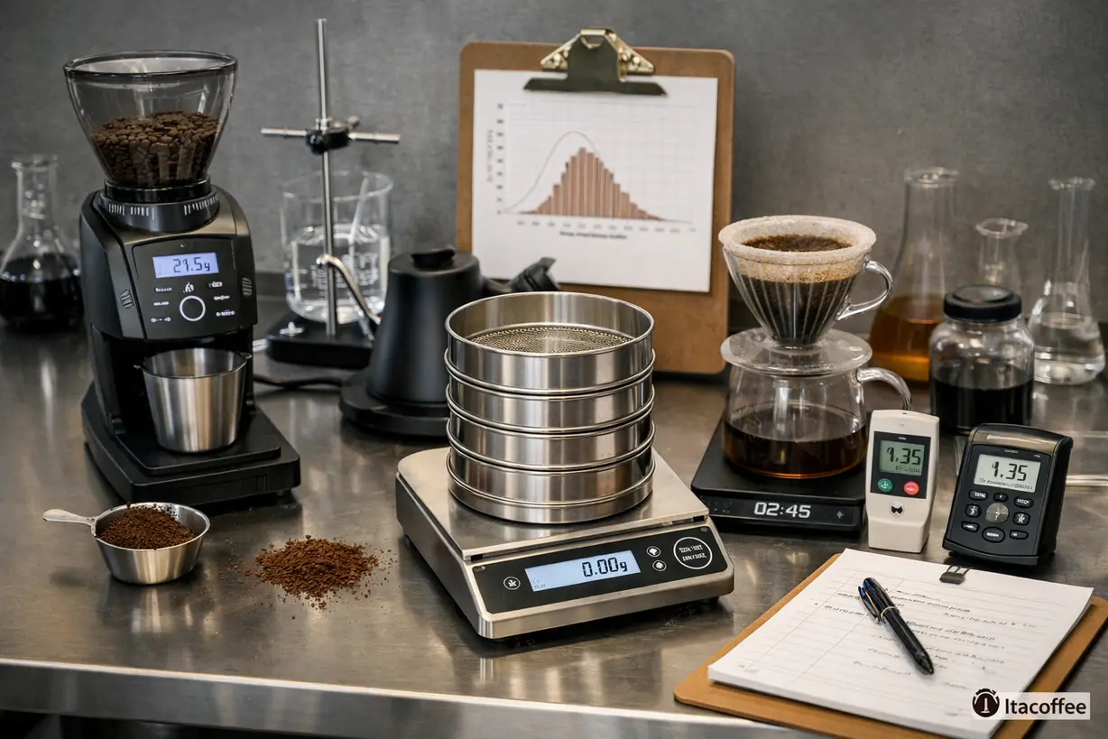 coffee grinder testing setup with measurement tools and brewing control variables
