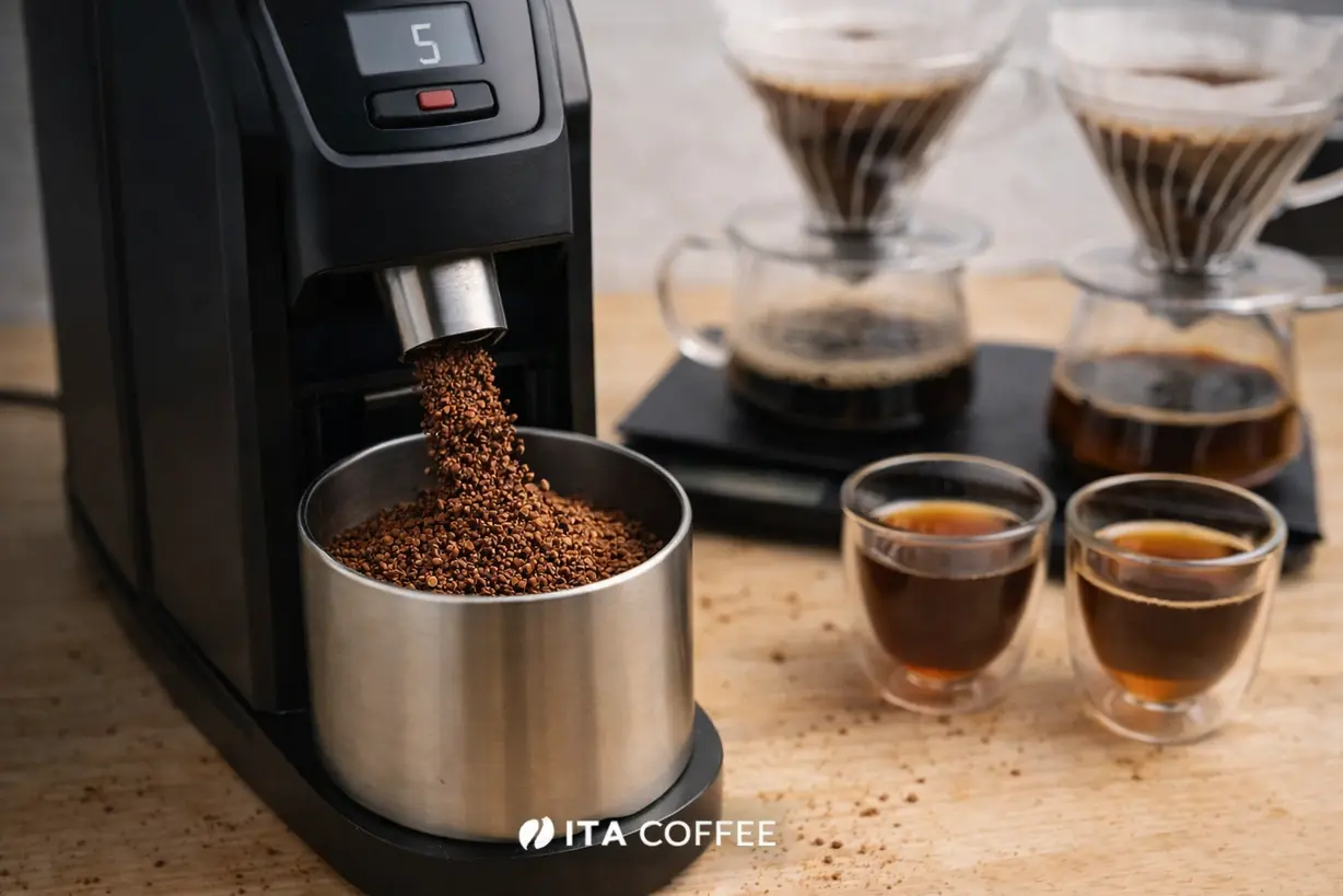 flat burr grinder producing unimodal particle distribution for pour over clarity