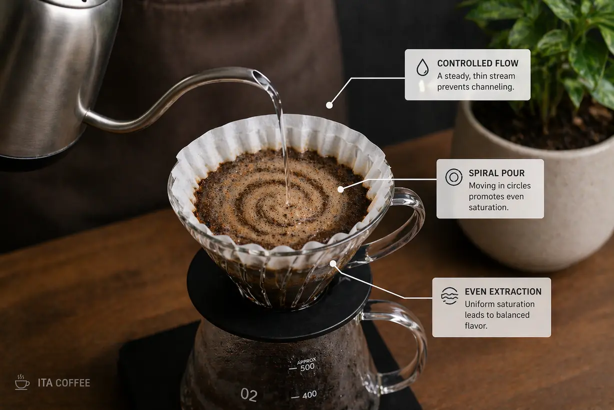 gooseneck kettle controlling water flow for even coffee extraction
