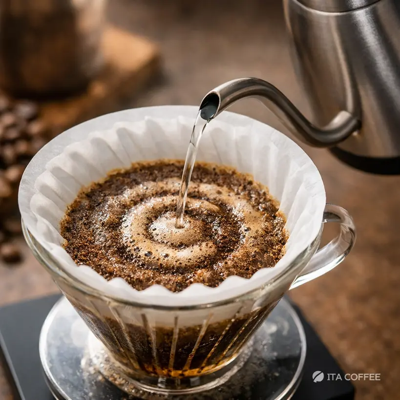 gooseneck kettle controlling pour pattern over coffee bed