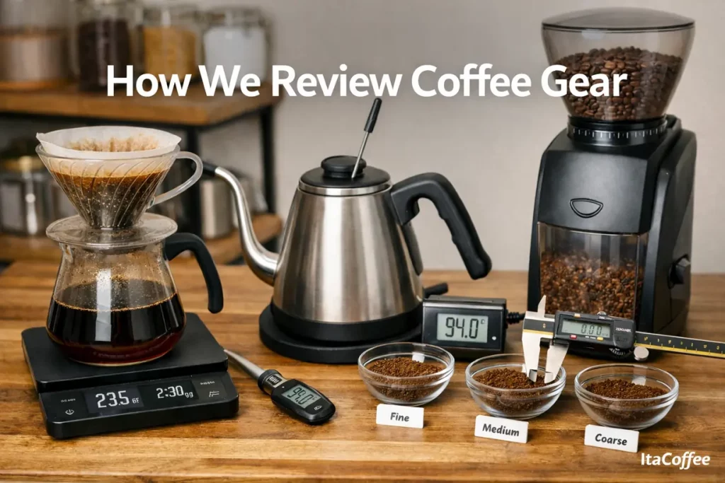 how we review coffee gear using controlled brewing setup with scale kettle grinder and extraction variables